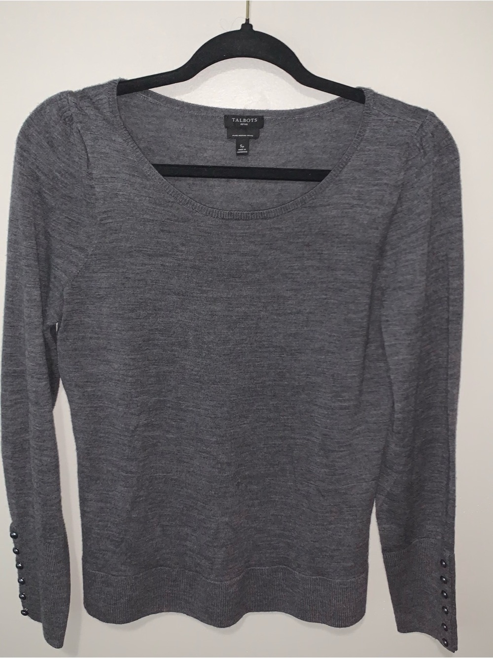 Talbots Gray Scoop-Neck Long Sleeve Sweater with Cuff Buttons
